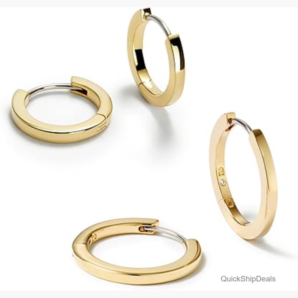14k Gold Plated Huggie Hoop Earrings Set, Mini And Medium Sizes